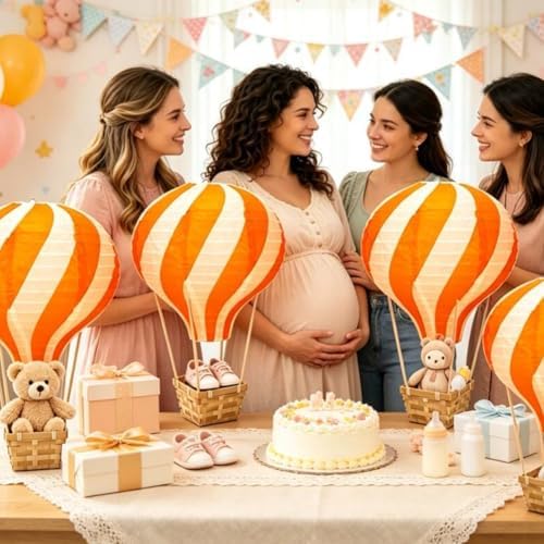 8 Sets Hot Air Balloon Decorations with Led Light,11.8" Baby Shower Centerpieces For Tables Paper Lantern Baby Boy Shower Decorations With Basket For Gender Reveal Birthday Wedding Party (Orange) - Image 4