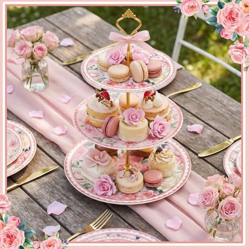 Lallisa Pink Floral Party 3 Tier Dessert Stand 10", 9" and 7" Ceramic Serving Tray Dessert Cupcake Display Holder Tower for Wedding Baby Bridal Shower Tea Party Decoration - Image 3