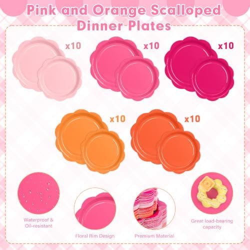 350 Pcs Pink and Orange Party Plates and Napkins - Hot Pink Orange Party Decoration Tableware set Include Sunset Tropical Scalloped Plate Napkin Cup & Cutlery for Baby Shower, Wedding, Birthday - Image 5