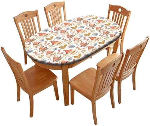 Cartoon Christmas Gnomes & Sweet Fabric - Red Print Oval Tablecloth Fitted Waterproof & Stain Resistant Elastic for Dining Table Buffet Parties and Camping Fits for 54" x 76" Oval Table by ZNCTFMR