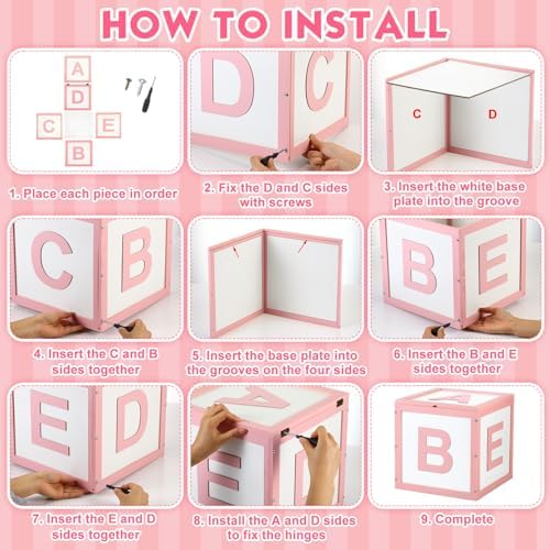Chunful Wood Baby Shower Box ABC Display Box for Party Decorations with Alphabet Letters Personalized Shower Gifts Basket Party Blocks Backdrop for Boys and Girls (Pink,White) - Image 2