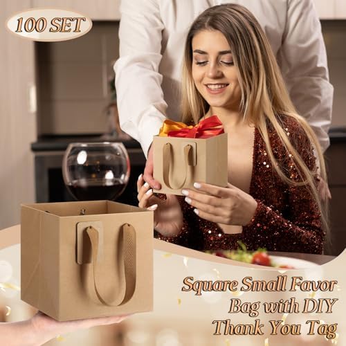Windyun 100 Pcs Mini Paper Gift Bags with Handle 6 x 6 x 6'' Square Small Favor Bag with DIY Thank You Tag for Christmas Birthday Wedding Bridal Shower Bridesmaid Graduation Party (Kraft) - Image 3