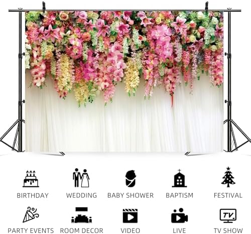 12x8ft Pink Floral Backdrop White Curtain Wedding Reception Photography Background Colorful Flowers Anniversary Bridal Shower Decorations Birthday Party Baby Shower Portrait Photo Booth Prop - Image 5