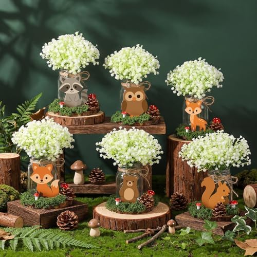 43 Pcs Woodland Animals Centerpieces Forest Animals Tabletop Centerpiece for Baby Shower Jungle Birthday Party Decor Kit with Mason Jar Babysbreath Animal Cutouts Wood Rounds Pine Cones Moss - Image 2