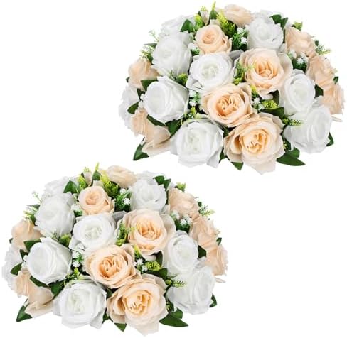 Briful Fake Floral Balls for Centerpieces - 2PCS 11.8" Large Faux Rose Flower Arrangement Silk Flower Bouquet for Home Wedding Party Anniversary Table Vase Flower Stand Decor(Champagne White) by Briful