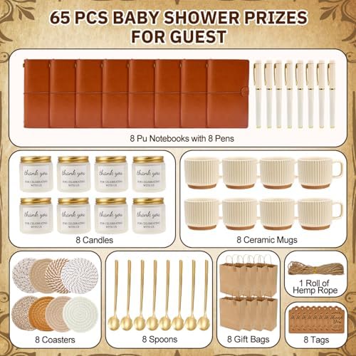 Baby Shower Prizes for Game Winners Baby Shower Games Prizes Ceramic Mugs with Metal Spoons Woven Coasters Notebooks Scented Candles Gift Bags Wedding Bridal Shower Favors for Guests (8, Brown) - Image 3