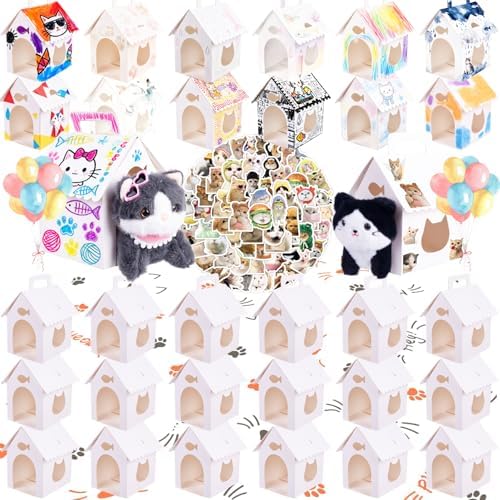 ARELUX 30 Pcs Cat House Shaped Party Favor Boxes, Foldable Pet Adoption Treat Gift Boxes with DIY Stickers - Blank Goodie Bags for Kitten Birthday, Cat Themed Events by ARELUX