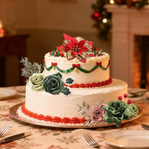 Artificial Christmas Flowers Set with Poinsettia, Fake Roses, Greenery Leaves & Stems for DIY Christmas Decor - Wreath, Tree Ornaments, Wedding Bouquets, Centerpieces, Home Floral Arrangement - Image 4