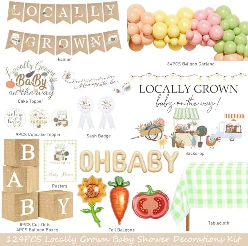 Locally Grown Baby Shower Decorations – 129 Pcs Locally Grown Baby Shower Themed Party Supplies with Backdrop, Balloon Garland, Balloon Boxes, Banner, Cake Topper, Sash, Badges - Image 2