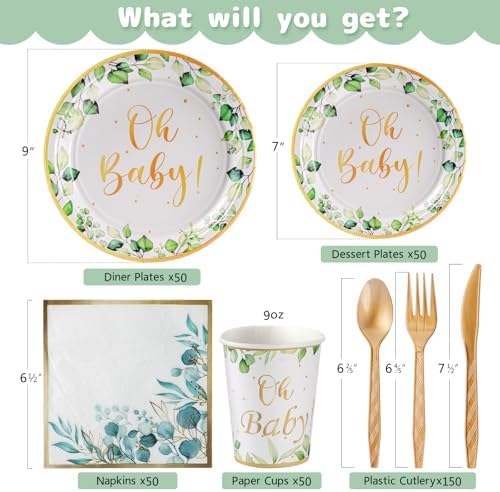 350PCS Sage Greenery Baby Shower Party Supplies for 50 Guests - Image 2