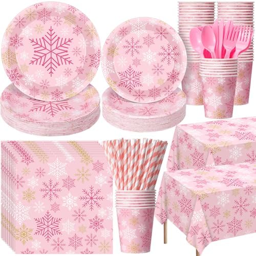 Funnymoom 452 Pcs Pink Gold Winter Snowflake Party Supply 50, Plate Cup Set by Funnymoom