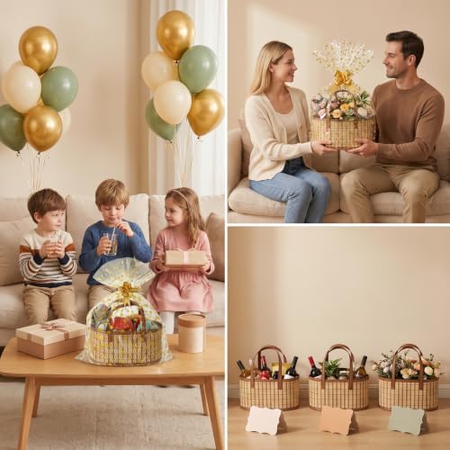 6 Pcs Gift Baskets Empty, Large Foldable Woven Gift Basket Set with Handles, 35x20x15CM Bamboo Baskets for Gifts, 10 Gold Star Gift Bags, for Baby Shower, Mother's Day, Christmas, Housewarming - Image 4