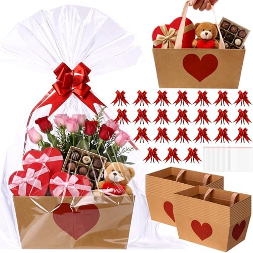 Funnymoom 24 Pcs Red Heart Basket for Gifts Empty Red Love Heart Gift Basket Empty to Fill with Handle, Transparent Bag and Bow for Teacher Summer Xmas Wedding Party Favor Supplies, 9.8 x 6.5 x 4.3'' by Funnymoom