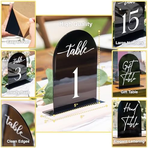 Black Arch Wedding Table Numbers with Stands 1-15, 5x7 Inch Black Acrylic Arch Sign with Holder, Arched Acrylic Table Numbers for Wedding Reception (1-15, 5"x7") - Image 3