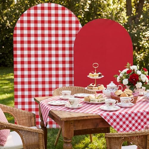 Tegeme 2 Set Gingham Arch Backdrop Cover 7.2ft 6.6ft Arch Cover, Red - Image 3