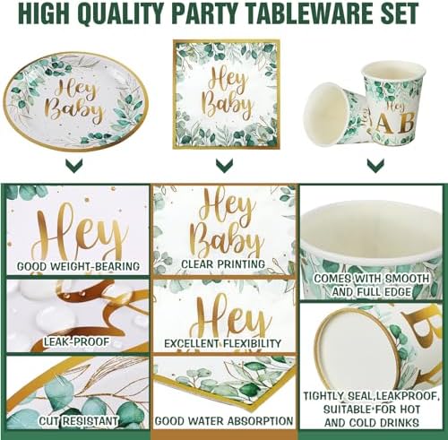 Skylety 200 PCS Sage Green Baby Shower Decorations Eucalyptus Disposable Plates and Cups and Napkins Sets Serves 50 Green Gold Plant Theme Plates for Baby Shower Gender Reveal Neutral Party Supplies - Image 3