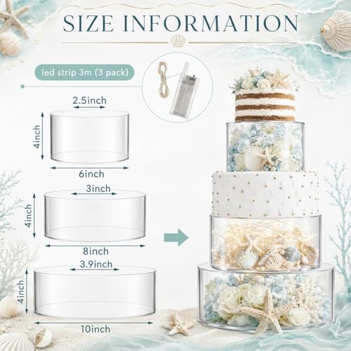Sintuff 3 Pcs Acrylic Cake Stand with LED Lights 6'', 8'', 10'' Clear Fillable Cake Riser Round 3 Tier Case Box for Wedding Birthday Holiday Party Food Display, 3 Sizes - Image 2
