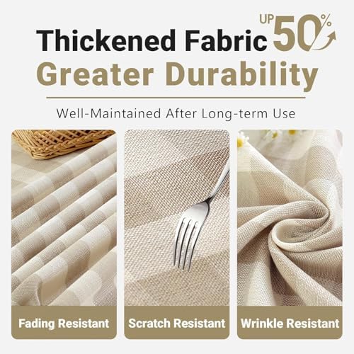 Laolitou Checkered Oval Tablecloth Washable Buffalo Plaid Table Cloth with Tassel Cotton Linen Gingham Table Cover for Picnic Kitchen Dining Room, Beige, 60 x 102 Inch - Image 4