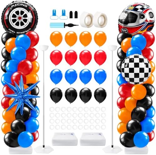 Kasyat 2 Sets Hot Car Balloon Column Stand Kit with Star Race Tire Wheels Helmets Checked Foil Balloons Race Car Arch Garland Kit for Floor for Racing Themed Birthday Party Decorations by Kasyat