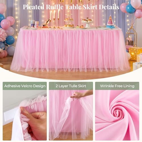 PARTISKY 9FT Long Pink Tulle Table Skirt for Rectangle Round Tables 3-Layer Ruffle Desk Teacher Skirt for Back to School Supplies Princess Girls Birthday Party Classroom Dorm Cake Dessert Decor - Image 5