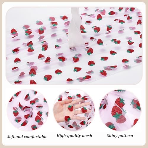 12 Pcs 29x70 Inch Strawberry Shiny Glitter Tulle Table Runner, Blush Pink Lace Strawberry Tablecloth for Cake Birthday Party Wedding Baby Shower Christmas Decorations - Image 3