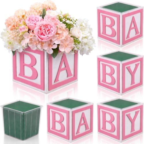 4 Set Pink Wooden Baby Boxes with Letters for Baby Shower Centerpieces by Ferrochef