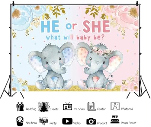 10x8ft Elephant Gender Reveal Backdrop He or She What Will Baby Be Photography Background Boy or Girl Gender Reveal Party Banner Decorations Supplies Photo Booth Props - Image 2