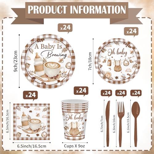 168PCS Coffee Baby Shower Party Supllies A Baby Is Brewing Party Decorations Cafe Themed Gender Reveal Tableware Plates Cups Napkins Cups Dinnerware for 24 Guests - Image 2