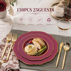 Liacere 150Pcs Burgundy Red Plastic Plates-Red Gold Disposable Plates-Red and Gold Rim Disposable Plastic Dinnerware 50Plates,25Pack Silverware and 25Cups for Wedding/Party/Halloween/Christmas - Image 5