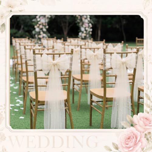 VitalCozy 50 Pack Ivory White Pearls Chair Sashes with Bows Wedding Decor - Image 5