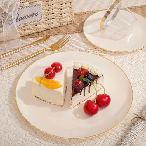 bUCLA 150PCS Ivory Plastic Plates with Gold Trim - Heavy Duty Cream Plastic Disposable for Party & Wedding - Include 25 Each（Dinner & Dessert） Plates, 25 Knives, 25 Forks, 25 Spoons & 25 Cups - Image 6