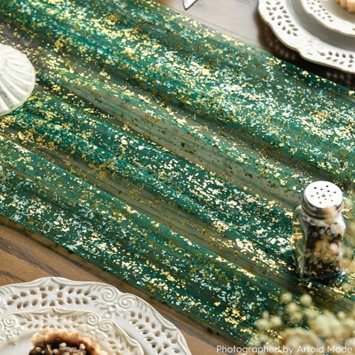Artoid Mode 6PCS Green Gold Gauze Table Runner 120 Inch 10FT, Glitter Metallic Foil Sheer Dining Wedding Anniversary Holiday Table Decor for Home Party - Image 6