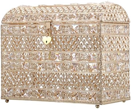 ELLDOO Crystal Wedding Card Box with Heart Lock, Vintage Money Card Box Treasure Chest Style Gold Gift for Wedding Receptions, Centerpiece Decor, Anniversary Keepsake, Gift, Large Size by ELLDOO