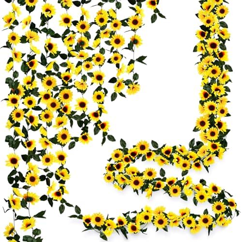 Uieke 12PCS Artificial Sunflower Garland, 7.5ft/Strand Silk Sunflowers Hanging Vines Flowers with Green Leaves for Room Kitchen Garden Birthday Wedding Baby Shower Party Table Decor Large by Uieke