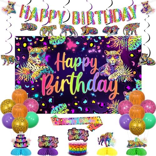 Rainbow Leopard Birthday Party Decorations Cheetah Happy Birthday Backdrop Banner Cake Topper Neon Leopard Table Decor Hanging Swirls Neon Print Sash Jungle Animal Wild Party for Women by Wonmelody
