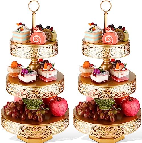 Dandat 2 Pcs Cupcake 3 Tiered Metal Dessert Stand Round Cupcake Tower Cake Holder Stand Tiered Serving Tray for Wedding Baby Shower Birthday Tea Party Table Decor(Gold) by Dandat