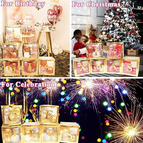 Baby Boxes with Letters, 6 Transparent Balloon Boxes with 78 Letters & Numbers, Clear Name Boxes for Baby Shower Birthday Bridal Wedding Gender Reveal Party Decorations Backdrop, Gold - Image 5