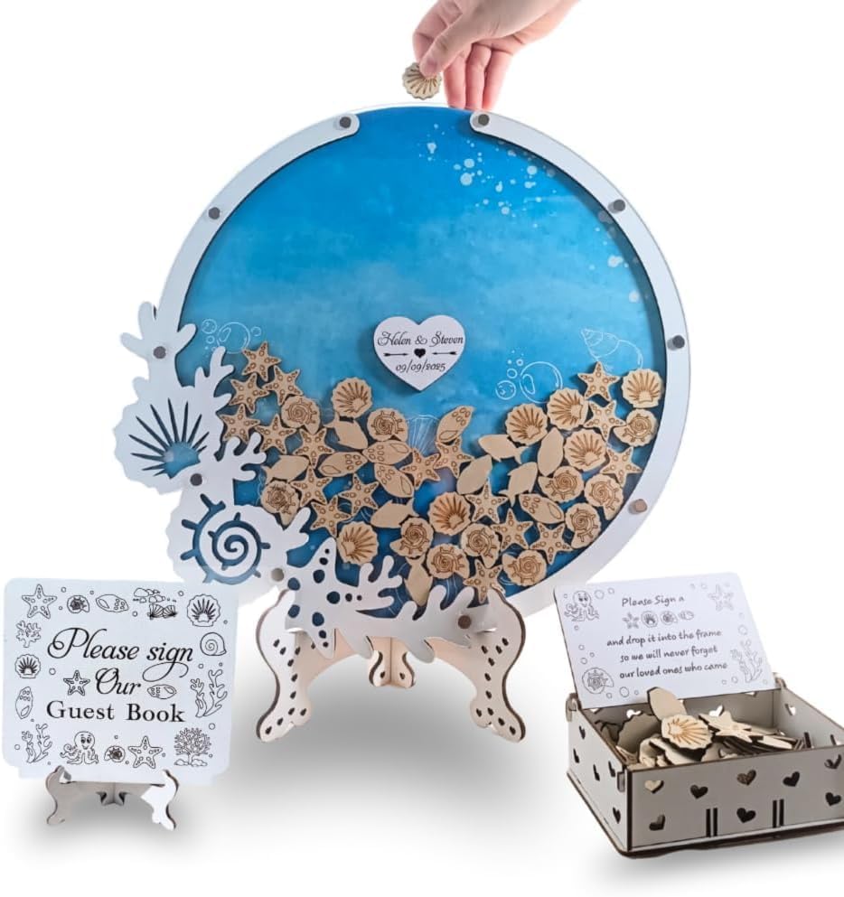 Beach Wedding Guest Book Alternative, Wooden Heart Drop Box Seashell Tokens by Handmade