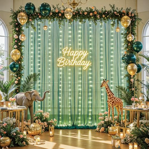 10ft x 10ft Hunter Green Tulle Photo Backdrop Curtain with Lights String for Christmas Party Sheer Curtain Backdrop Drapes for Birthday Party Holiday Wedding Photo Booth Background Room Decorations - Image 2