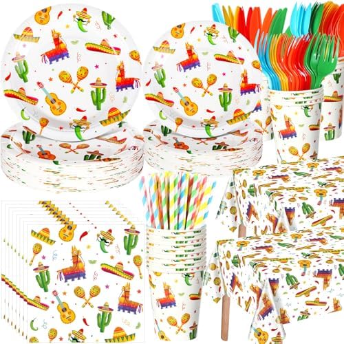 Ceenna 452 Pcs Mexican Party Decoration Supplies for 50 Guest, Mexican Plates Napkins Cups Tablecloth Cutlery Straw Fiesta Disposable Tableware for Cinco De Mayo Taco Birthday Wedding Party Decoration by Ceenna