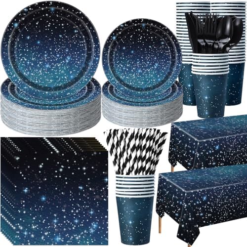 Funnymoom 452 Pcs Galaxy Party Decorations for 50, Starry Night Theme Paper Plates Napkins Cups Tablecloth Cutlery Straws for Outer Space Theme Birthday Bridal Baby Shower Party Decorations Supplies by Funnymoom
