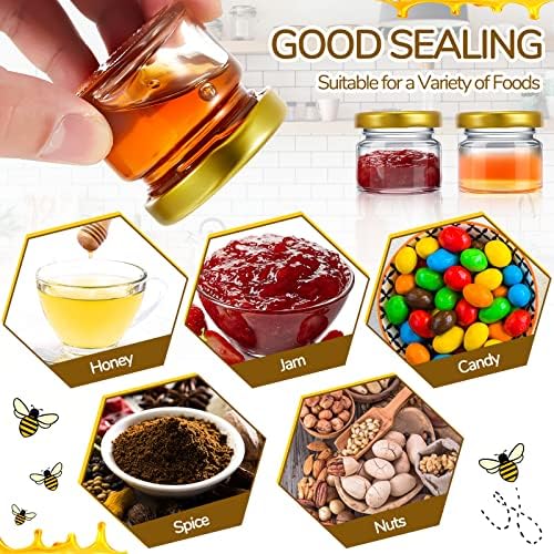 50 Pcs 1oz Small Glass Jars with Lids Mini Honey Jars with Wood Dipper, Bee Charms, Golden Gift Bags, Jutes, and Tags with Golden Lids for Baby Shower, Wedding, and Party Favors - Image 3