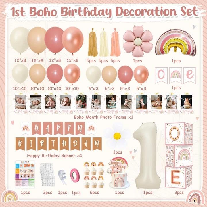 Boho 1st Birthday Decorations for Girl, Pink Rainbow First Party Supplies - Image 2