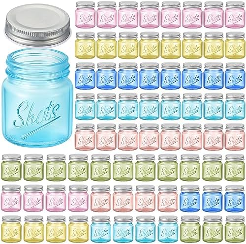 Tessco for you Mini Mason Jar Shot Glasses with Lids 2 oz Dishwasher Safe Mason Canning Jars for Bachelorette Wedding Party Favors Bar Drinks Home Desserts Honey Jam Candy(Fresh Color,72 Pcs) by Tessco