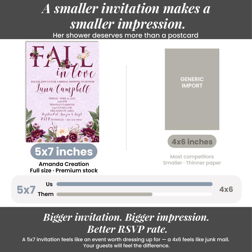Amanda Creation Fall in Love Bridal Shower Invitations, 30 Personalized 5x7 Purple Bridal Shower Invitations with Envelopes, Purple Peony Autumn Design - Image 7