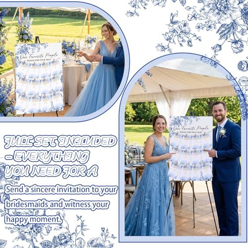 Pinkunn Blue Floral Wedding Seating Chart Board with Easel Display Stand 15.8 x 23.6 Inch Wooden Rustic Chinoiserie Seating Chart Please Find Your Seat Sign for Baby & Bride Shower Wedding Sign Decor - Image 5
