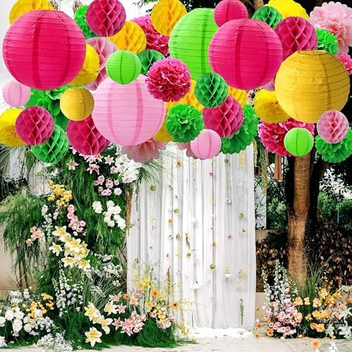 WOLHOWLTD Hawaii Luau Theme Paper Decoration Set - 42Pcs Paper Lanterns,Pompoms,Honeycomb for Wedding,Summer Aloha Party,School Day,Bridal Shower,Birthday Party Decoration(Rosy Pink Yellow Green) - Image 3