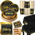 352 Pcs Black and Gold Party Dinnerware Set for 50 Guests Golden Dot Paper Plates Cups Napkins Plastic Tablecloths Forks Knives Spoons Black Gold Disposable Party Supplies for Birthday Decorations by Nosiny