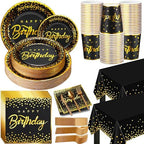 352 Pcs Black and Gold Party Dinnerware Set for 50 Guests Golden Dot Paper Plates Cups Napkins Plastic Tablecloths Forks Knives Spoons Black Gold Disposable Party Supplies for Birthday Decorations by Nosiny