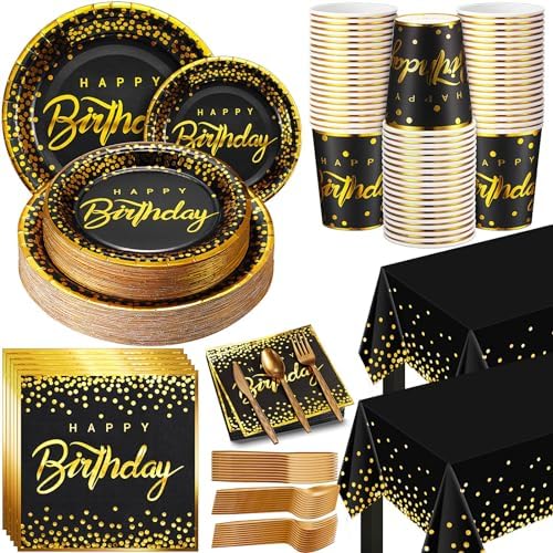 352 Pcs Black and Gold Party Dinnerware Set for 50 Guests Golden Dot Paper Plates Cups Napkins Plastic Tablecloths Forks Knives Spoons Black Gold Disposable Party Supplies for Birthday Decorations by Nosiny